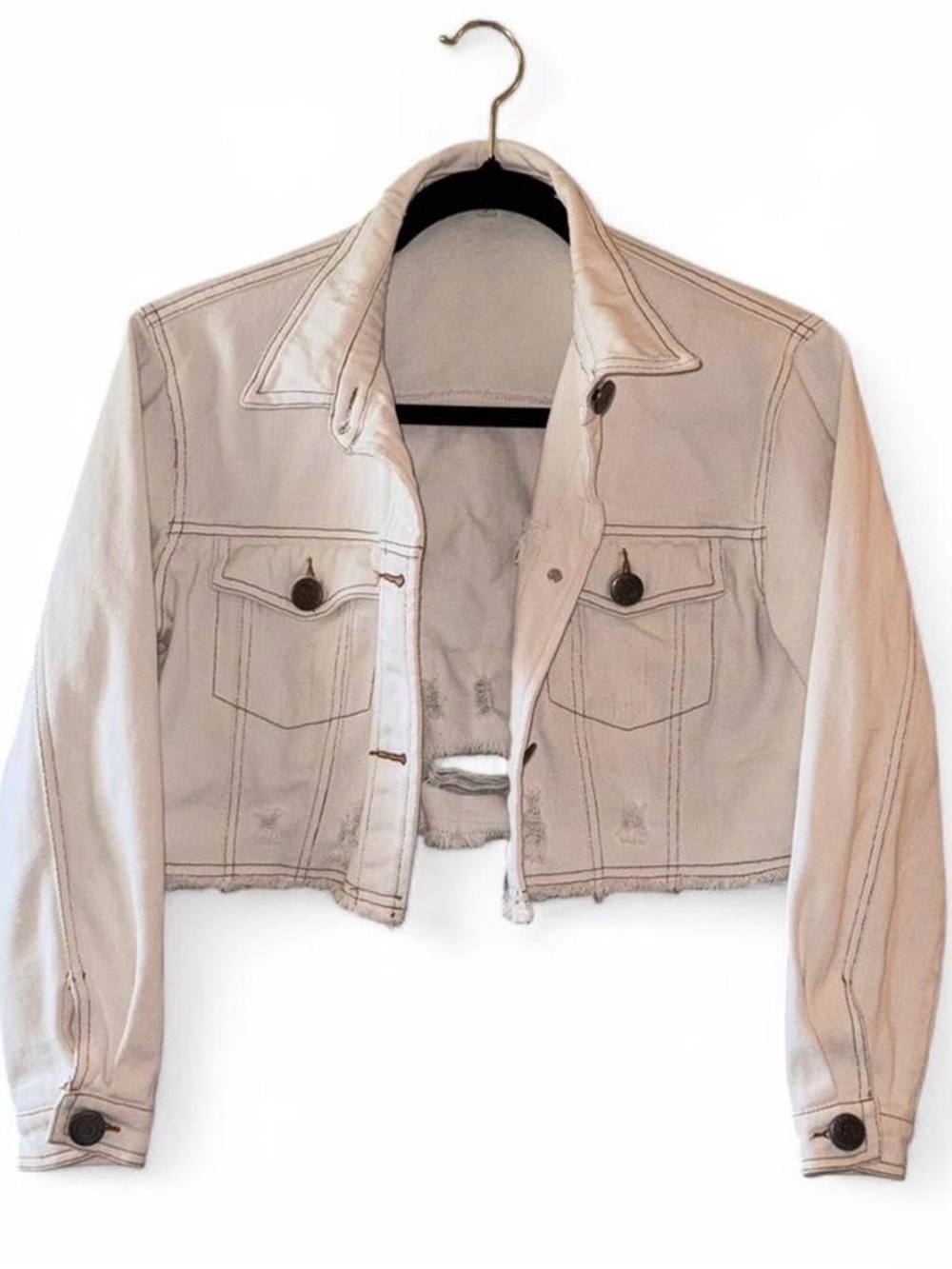 2Bella Off-White Cropped Denim Jacket - Distressed Button-Front Size S